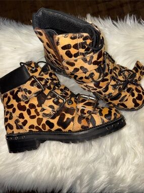 Animal Leopard-Print Buckle Combat Boots in Tan and Black